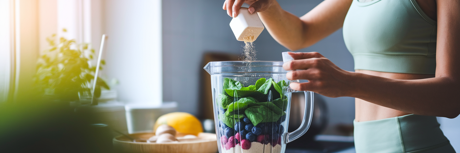 Woman adding vegan protein powder to a smoothie