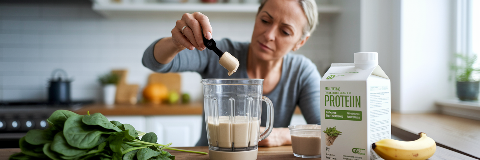 Woman adding vegan protein to smoothie.