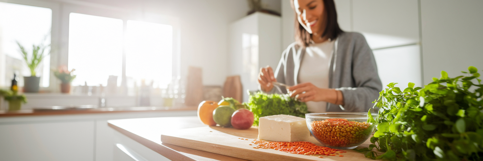 Mujer preparando una comida vegana saludable.