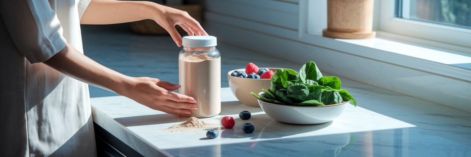 Mujer preparando un batido vegano de proteína saludable.
