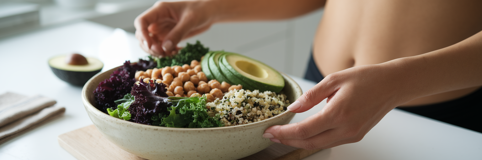 Woman preparing a vegan protein bowl.