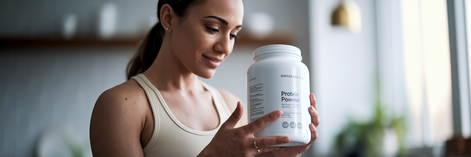 Woman reading protein powder nutrition label.