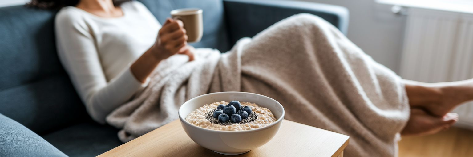 Mujer relajándose con un refrigerio vegano saludable.