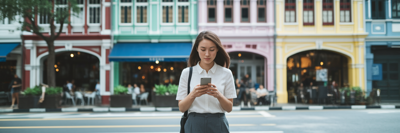 Woman searching phone on Tiong Bahru street