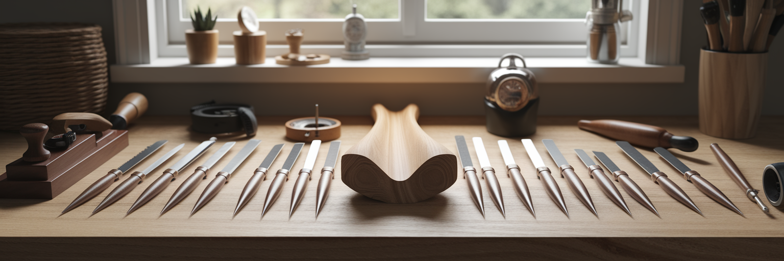 Woodworking tools arranged in a sequence.